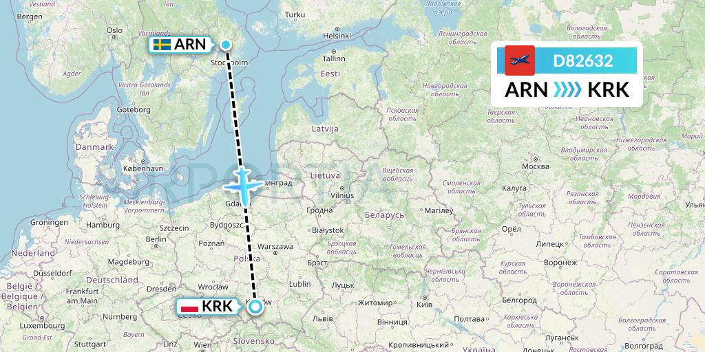 D82632 Norwegian Air International Flight Map: Stockholm to Krakow