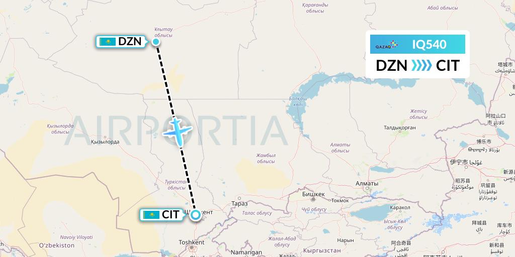 IQ540 Qazaq Air Flight Map: Zhezkazgan to Shymkent