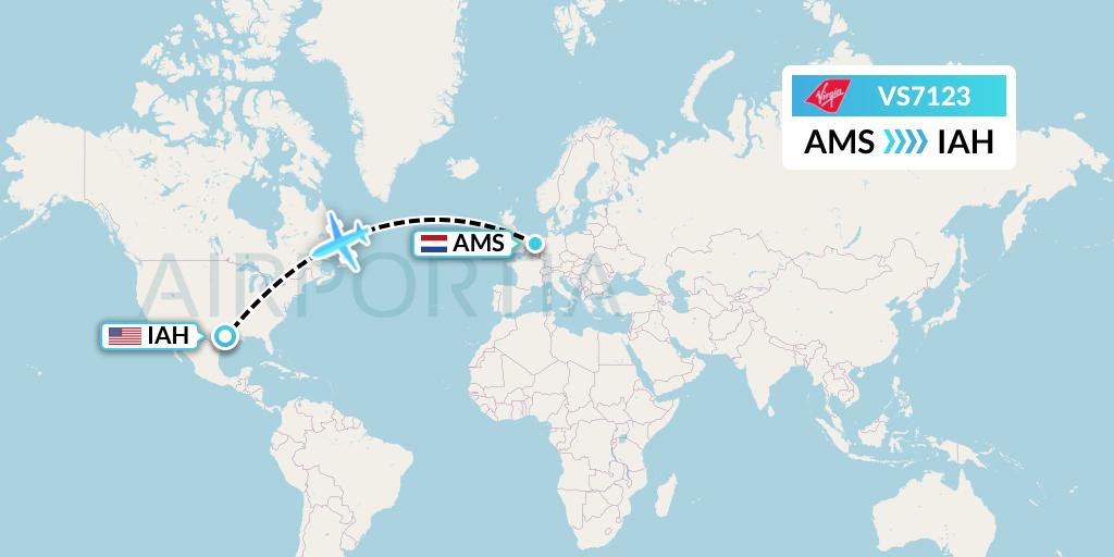 VS7123 Virgin Atlantic Airways Flight Map: Amsterdam to Houston