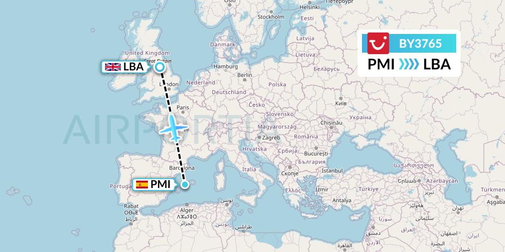 BY3765 TUI Airways Flight Map: Palma de Mallorca to Leeds