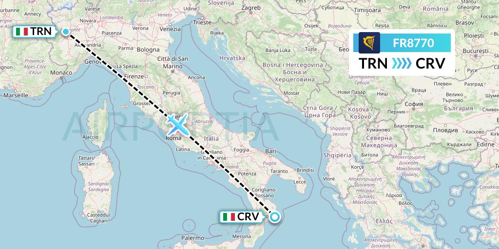 FR8770 Ryanair Flight Map: Turin to Crotone