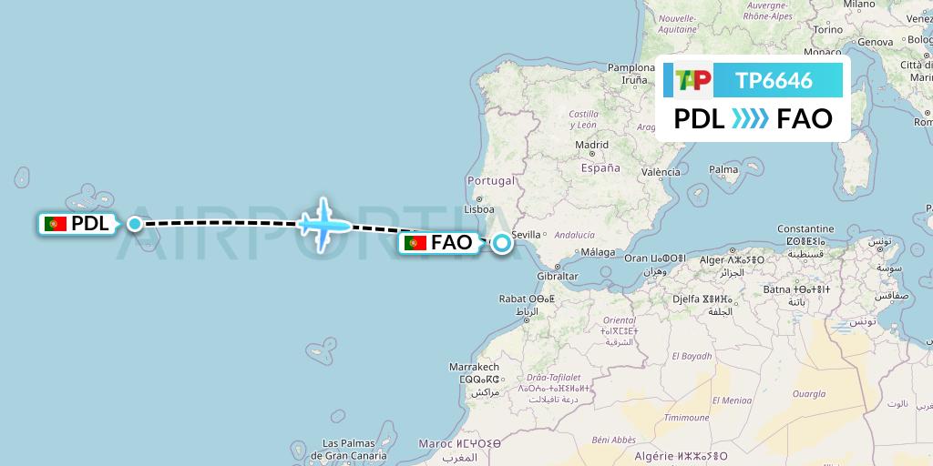 TP6646 TAP Portugal Flight Map: Ponta Delgada to Faro