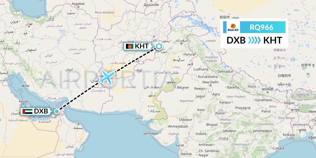 RQ966 Kam Air Flight Map: Dubai to Khost