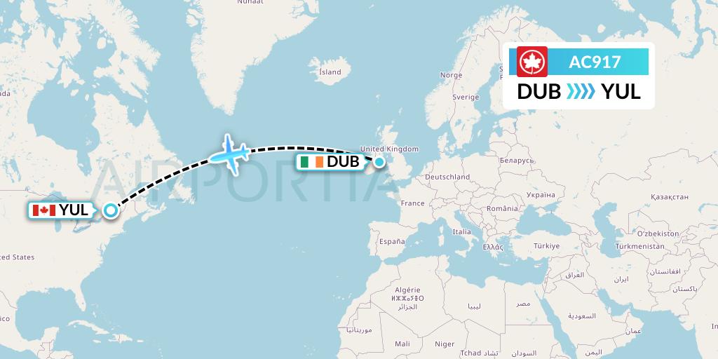 AC917 Air Canada Flight Map: Dublin to Montreal