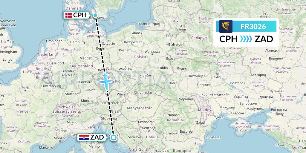 FR3026 Ryanair Flight Map: Copenhagen to Zadar