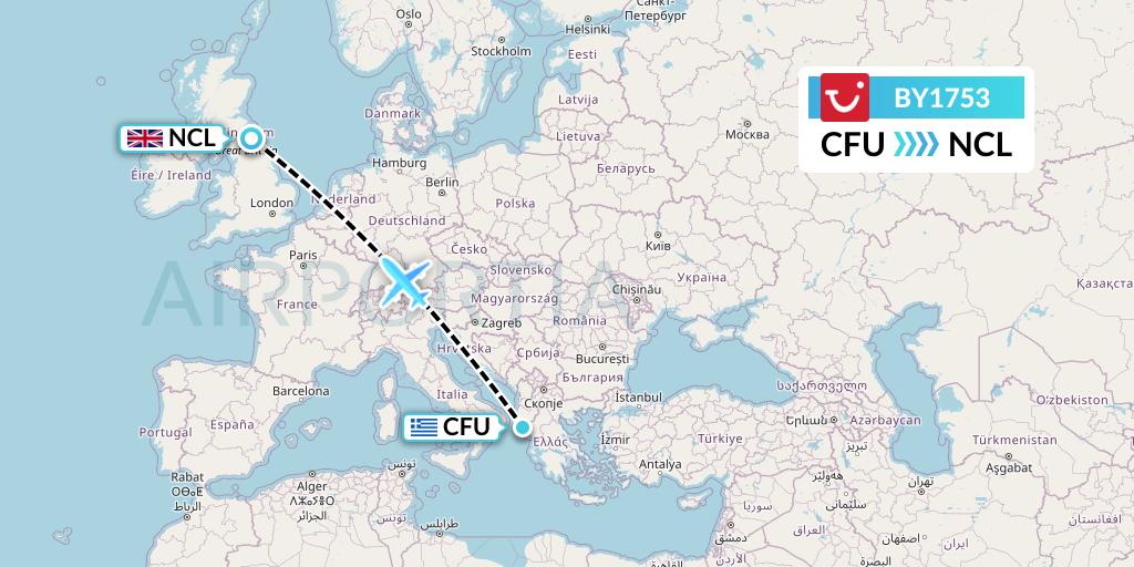 BY1753 TUI Airways Flight Map: Corfu to Newcastle