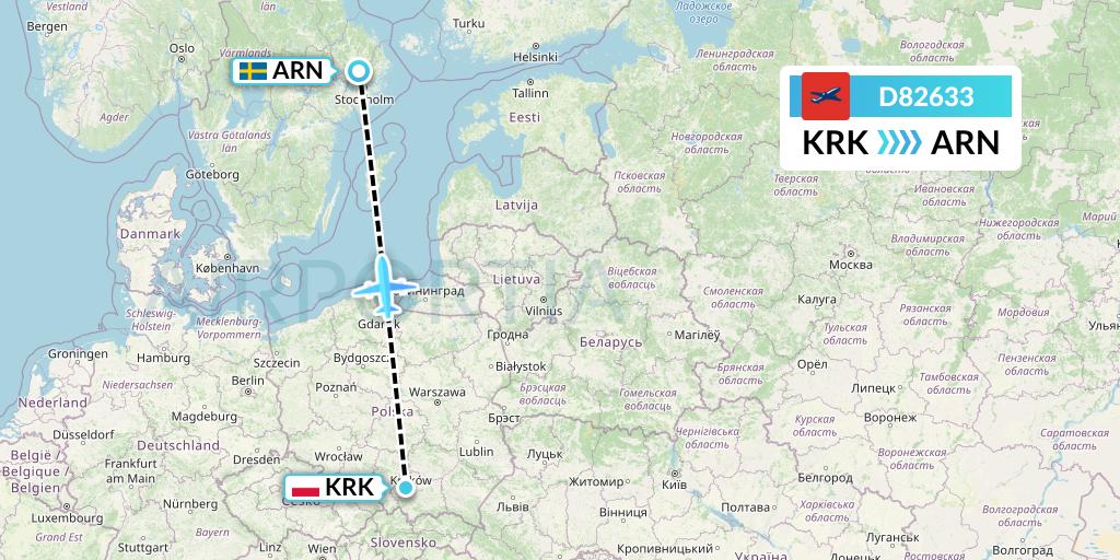 D82633 Norwegian Air International Flight Map: Krakow to Stockholm