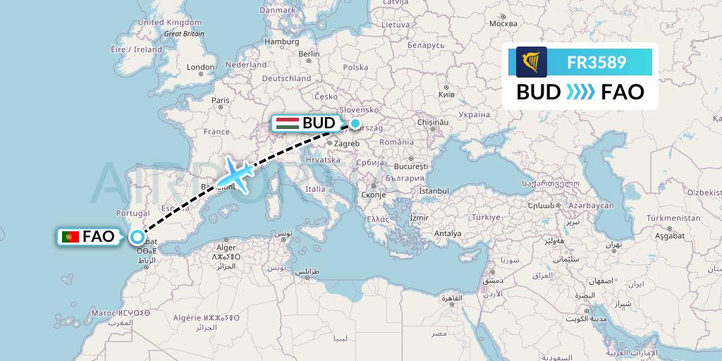 FR3589 Ryanair Flight Map: Budapest to Faro