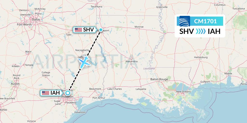 CM1701 Copa Airlines Flight Map: Shreveport to Houston
