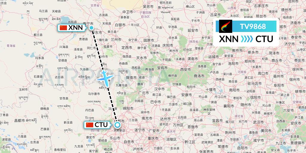 TV9868 Tibet Airlines Flight Map: Xining to Chengdu
