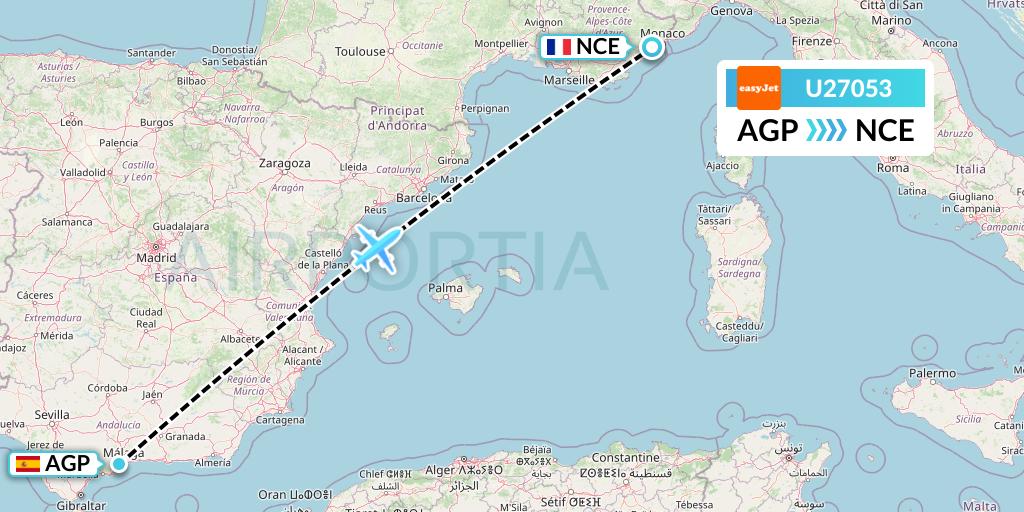 U27053 EasyJet Flight Map: Malaga to Nice