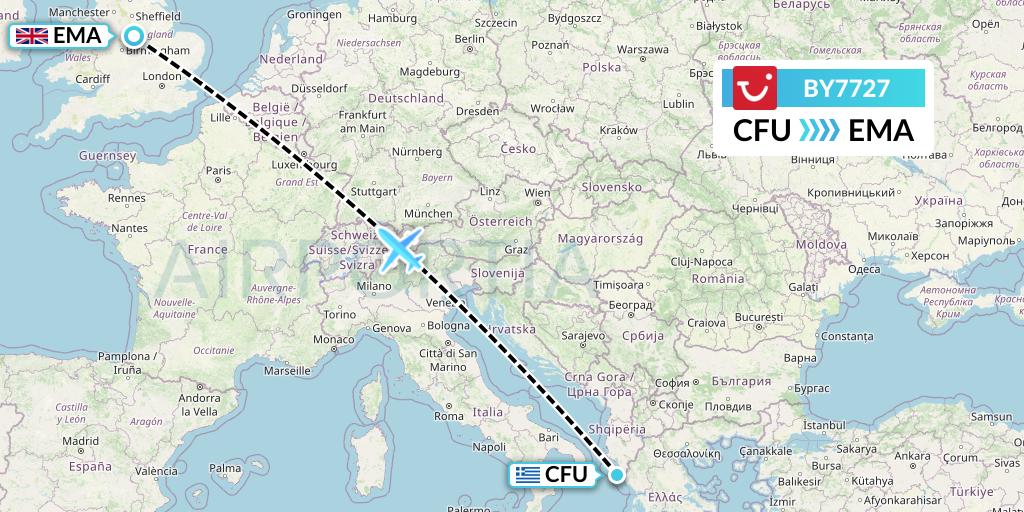 BY7727 TUI Airways Flight Map: Corfu to East Midlands