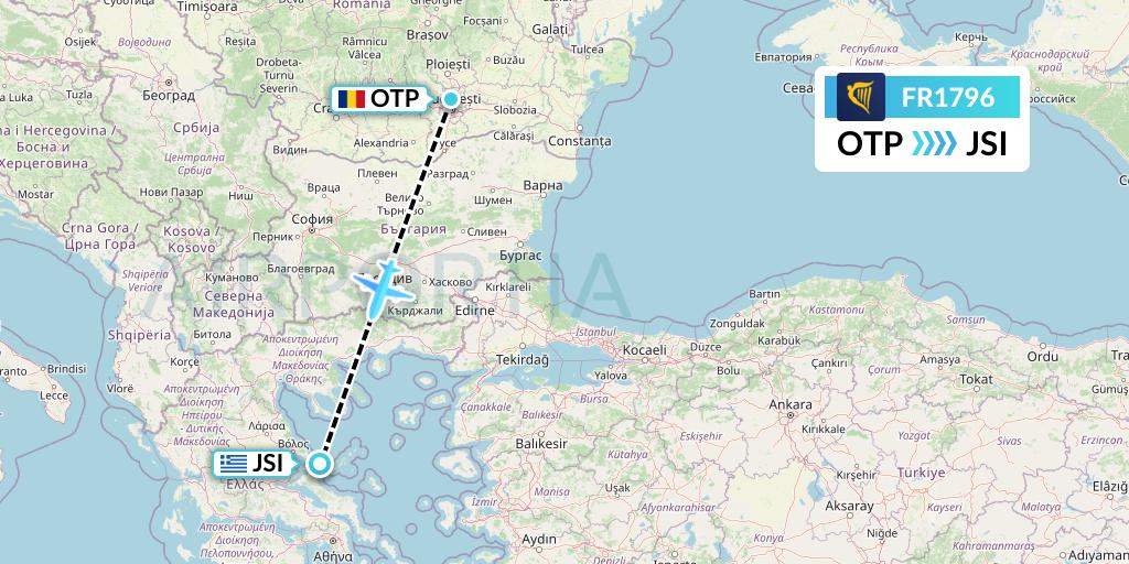 FR1796 Ryanair Flight Map: Bucharest to Skiathos