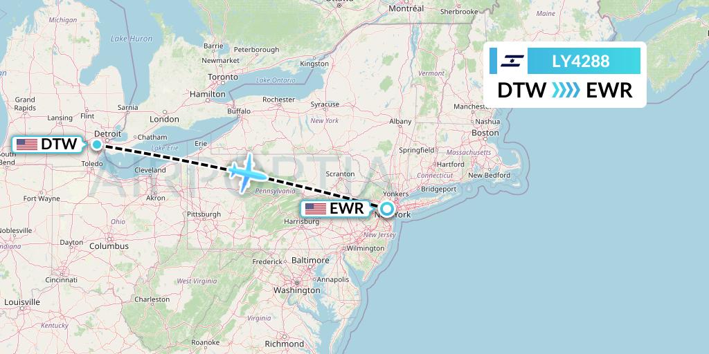 LY4288 El Al Flight Map: Detroit to New York