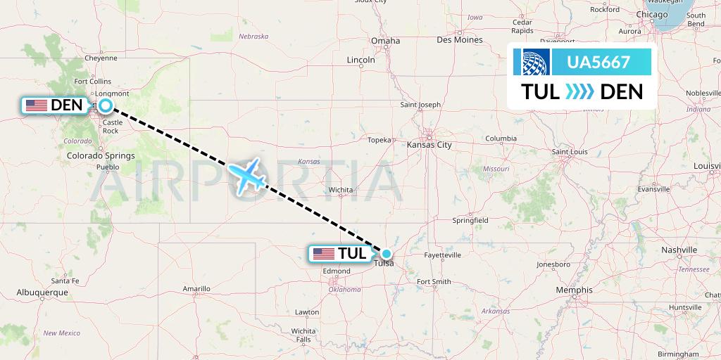 UA5667 United Airlines Flight Map: Tulsa to Denver