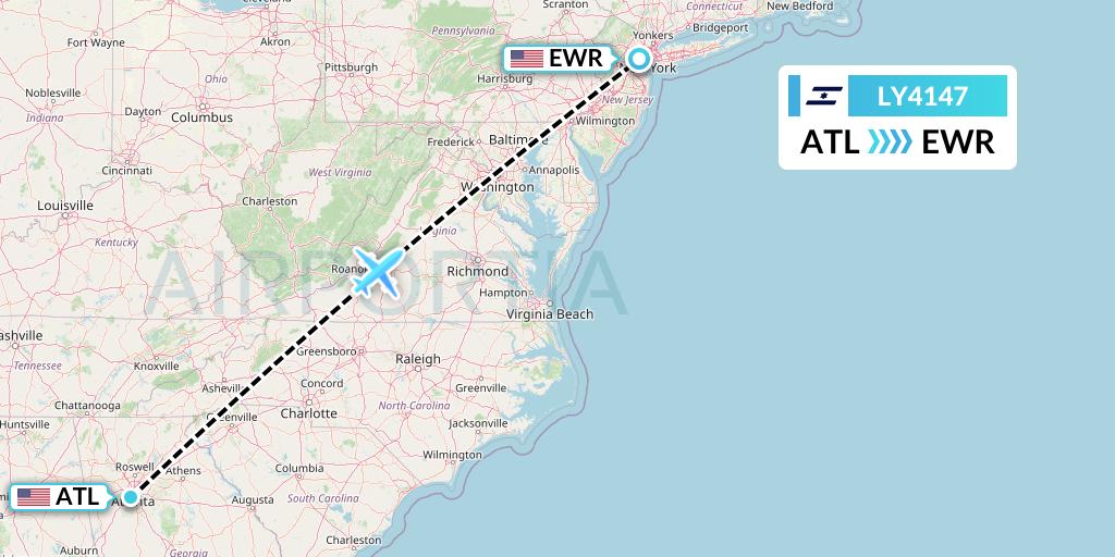 LY4147 El Al Flight Map: Atlanta to New York