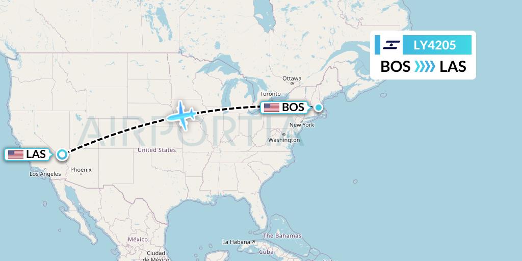 LY4205 El Al Flight Map: Boston to Las Vegas
