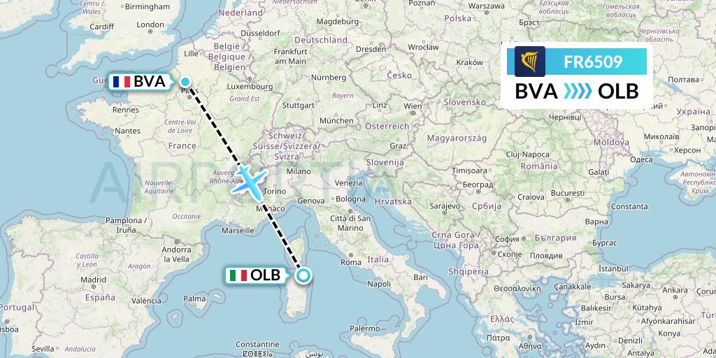 FR6509 Ryanair Flight Map: Paris to Olbia