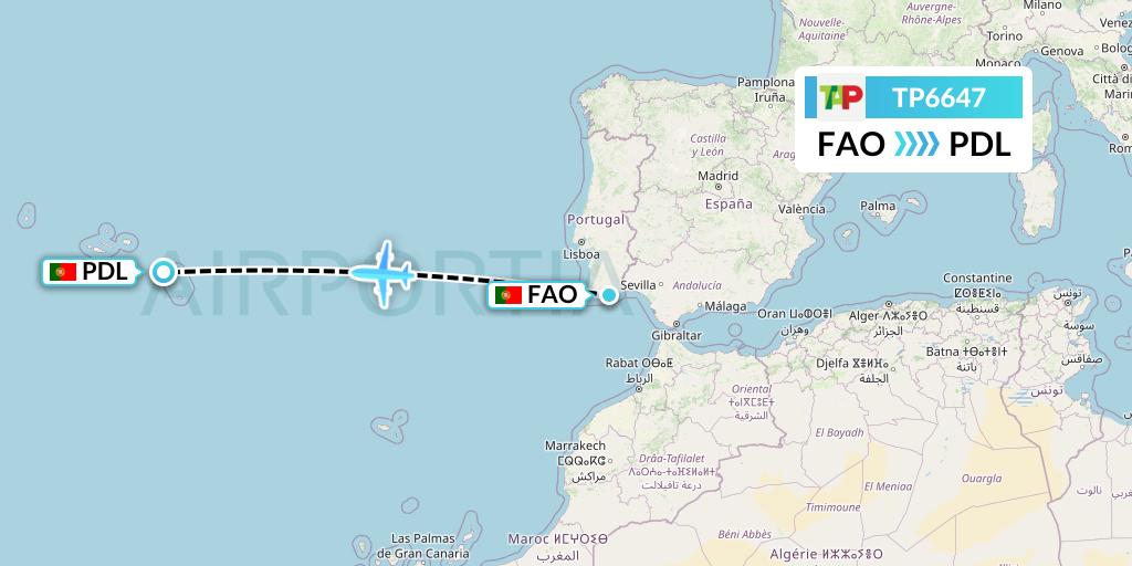 TP6647 TAP Portugal Flight Map: Faro to Ponta Delgada