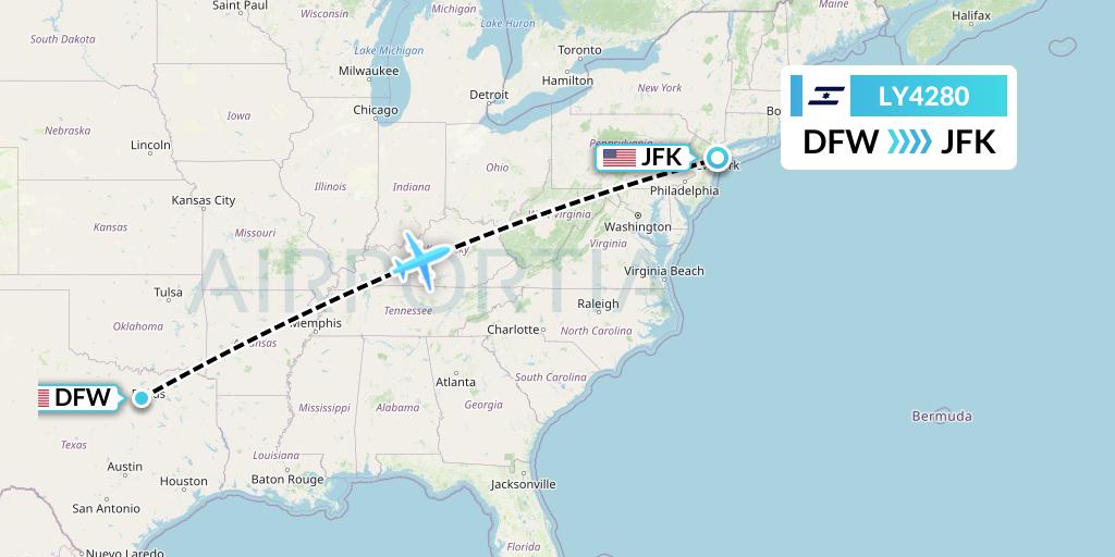 LY4280 El Al Flight Map: Dallas to New York