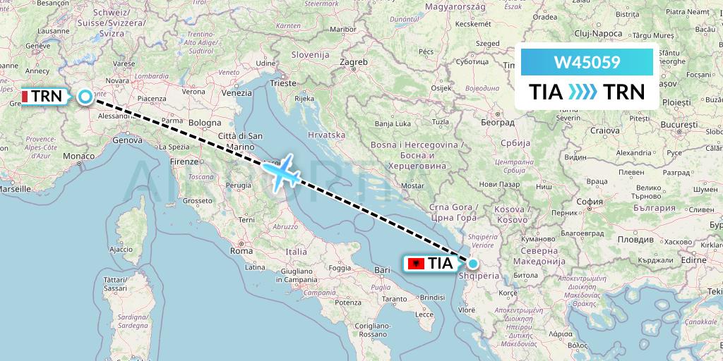 W45059 Wizz Air Malta Flight Map: Tirana to Turin