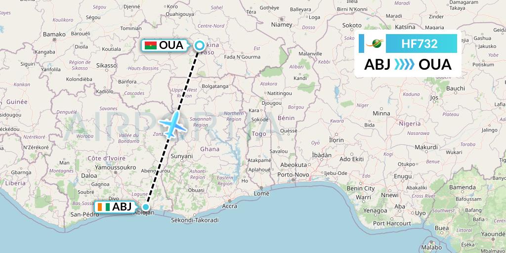 HF732 Air Cote d'Ivoire Flight Map: Abidjan to Ouagadougou