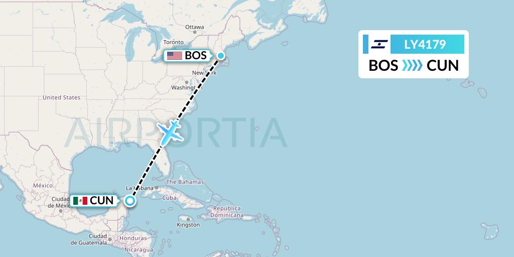 LY4179 El Al Flight Map: Boston to Cancun