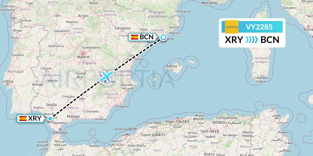VY2285 Vueling Flight Map: Jerez to Barcelona