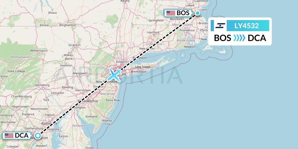 LY4532 El Al Flight Map: Boston to Washington