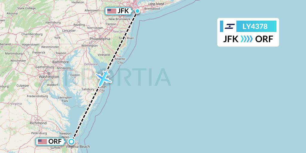 LY4378 El Al Flight Map: New York to Norfolk