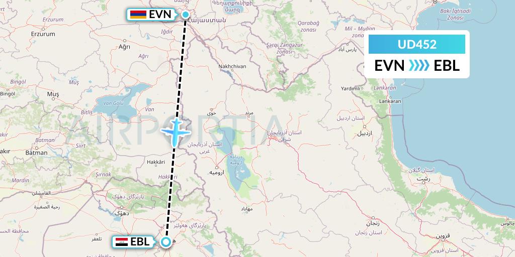 UD452 UR Airlines Flight Map: Yerevan to Arbil