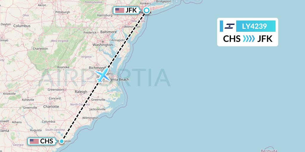 LY4239 El Al Flight Map: Charleston to New York