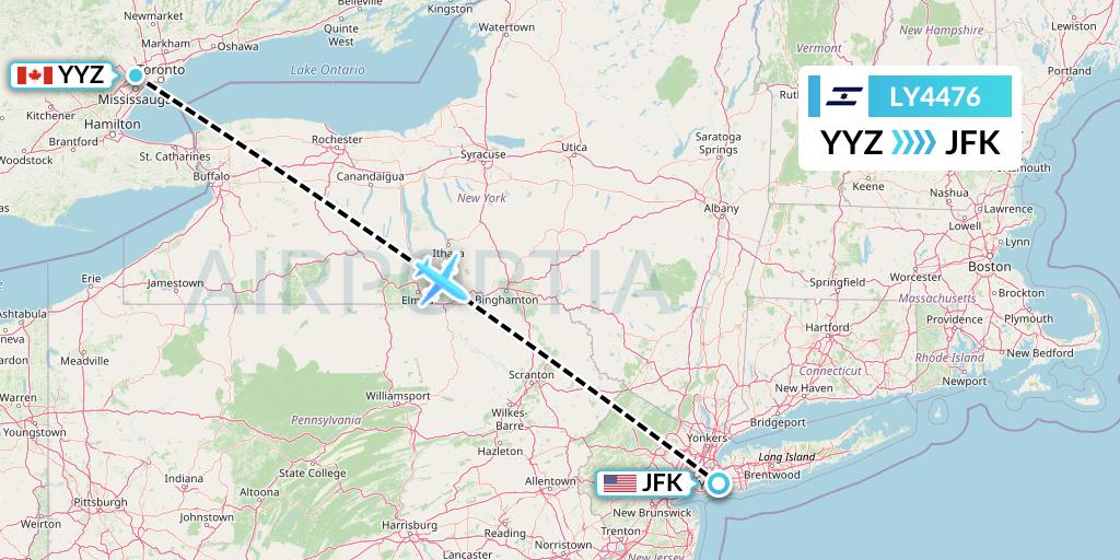 LY4476 El Al Flight Map: Toronto to New York