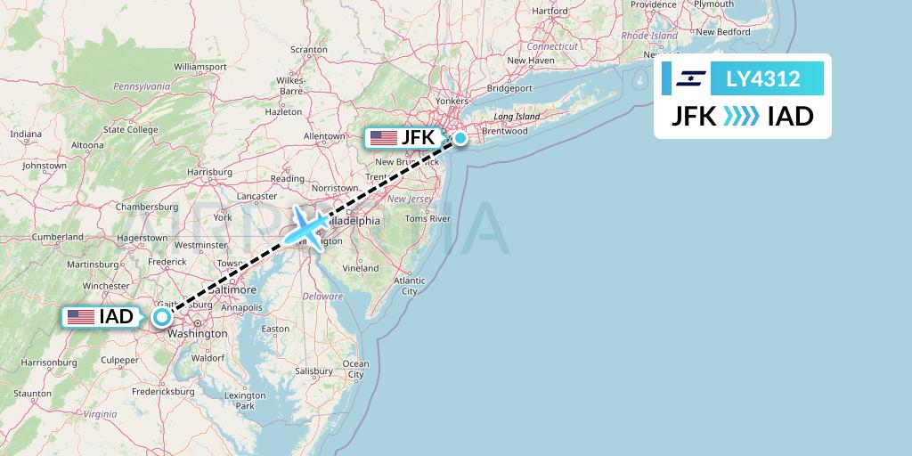 LY4312 El Al Flight Map: New York to Washington