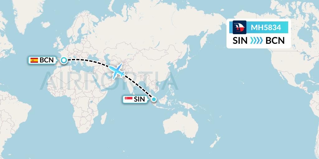 MH5834 Malaysia Airlines Flight Map: Singapore to Barcelona