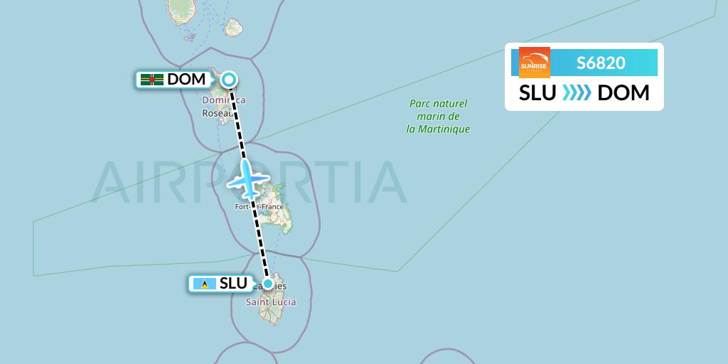 S6820 Sunrise Airways Flight Map: Castries to Dominica