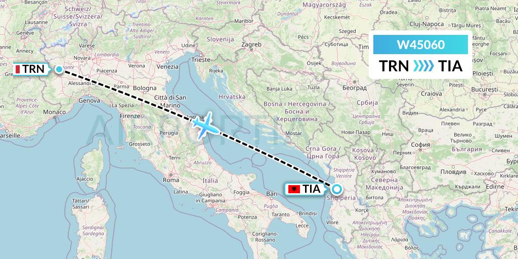 W45060 Wizz Air Malta Flight Map: Turin to Tirana