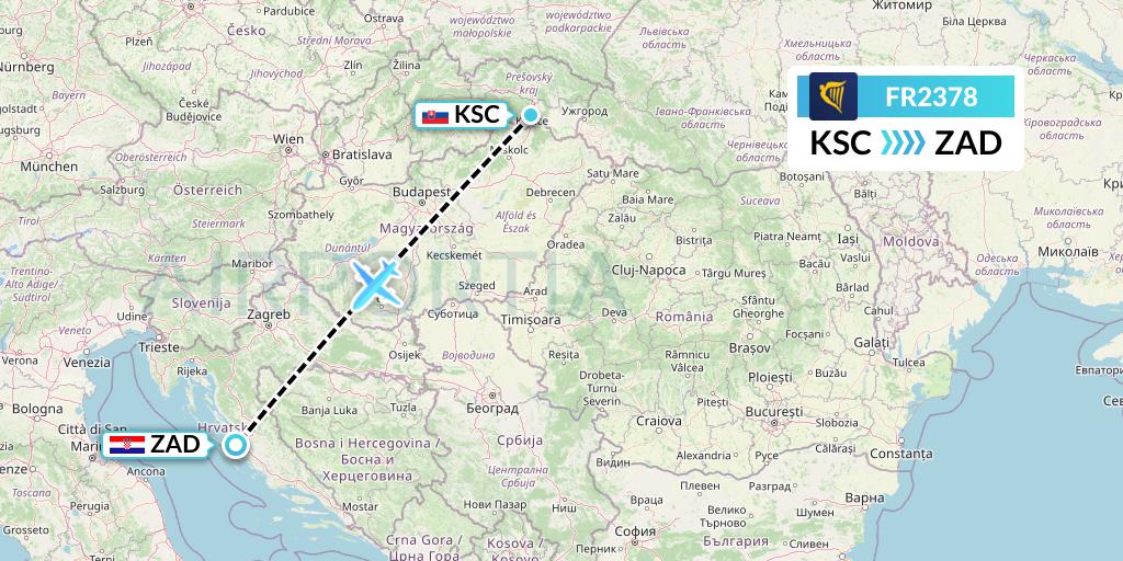 FR2378 Ryanair Flight Map: Kosice to Zadar