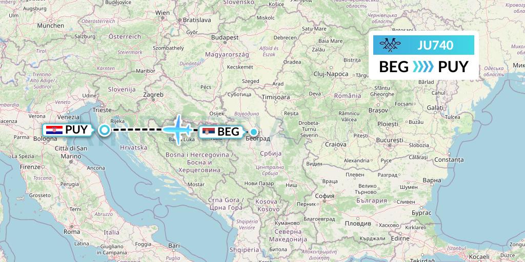 JU740 AirSERBIA Flight Map: Belgrade to Pula