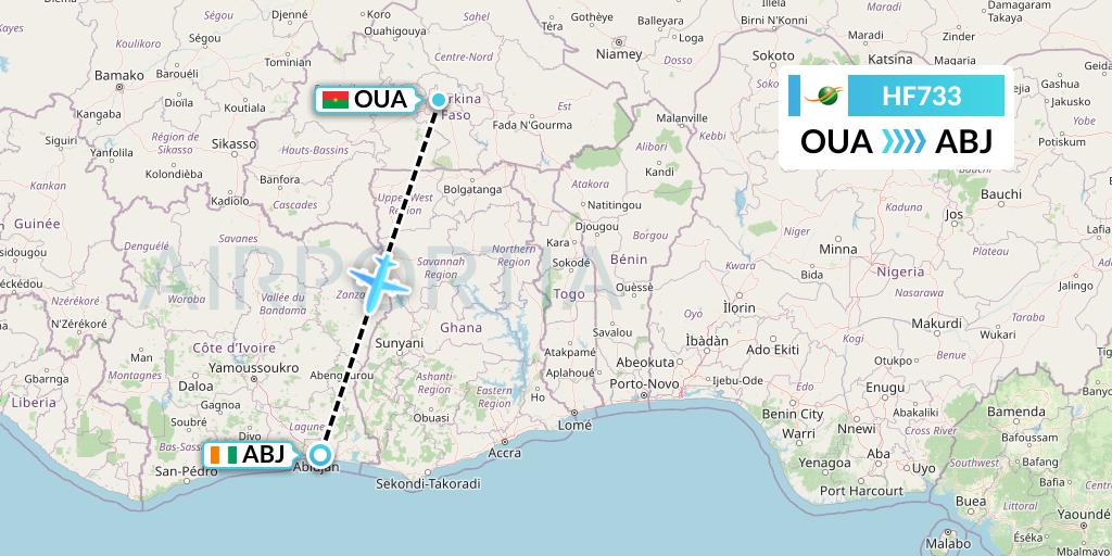 HF733 Air Cote d'Ivoire Flight Map: Ouagadougou to Abidjan