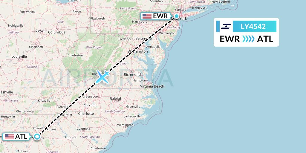 LY4542 El Al Flight Map: New York to Atlanta