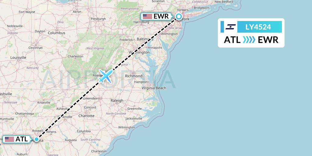 LY4524 El Al Flight Map: Atlanta to New York