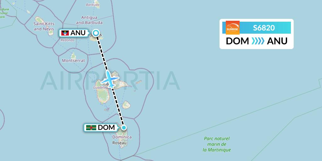 S6820 Sunrise Airways Flight Map: Dominica to Antigua