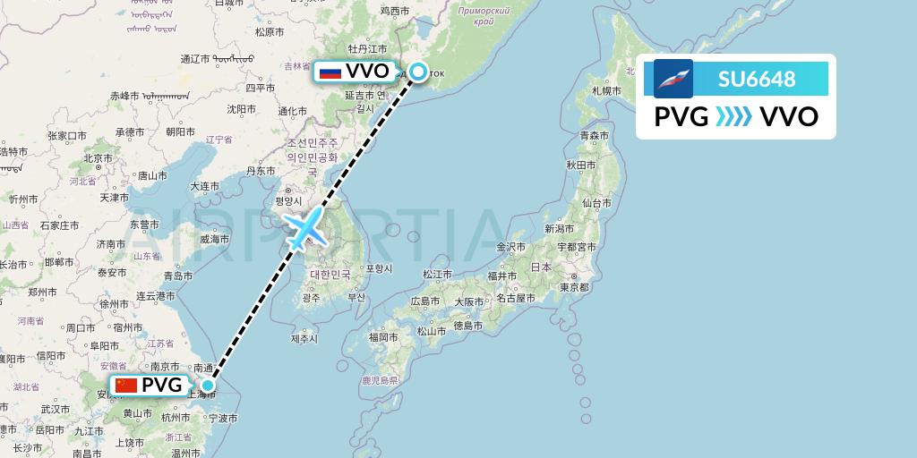 SU6648 Aeroflot Flight Map: Shanghai to Vladivostok