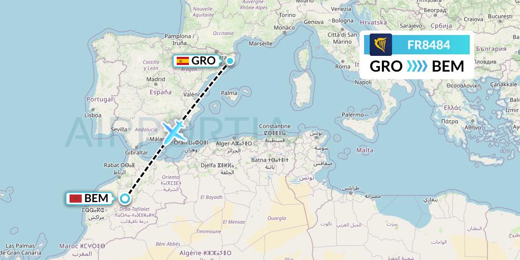 FR8484 Ryanair Flight Map: Girona to Beni Mellal