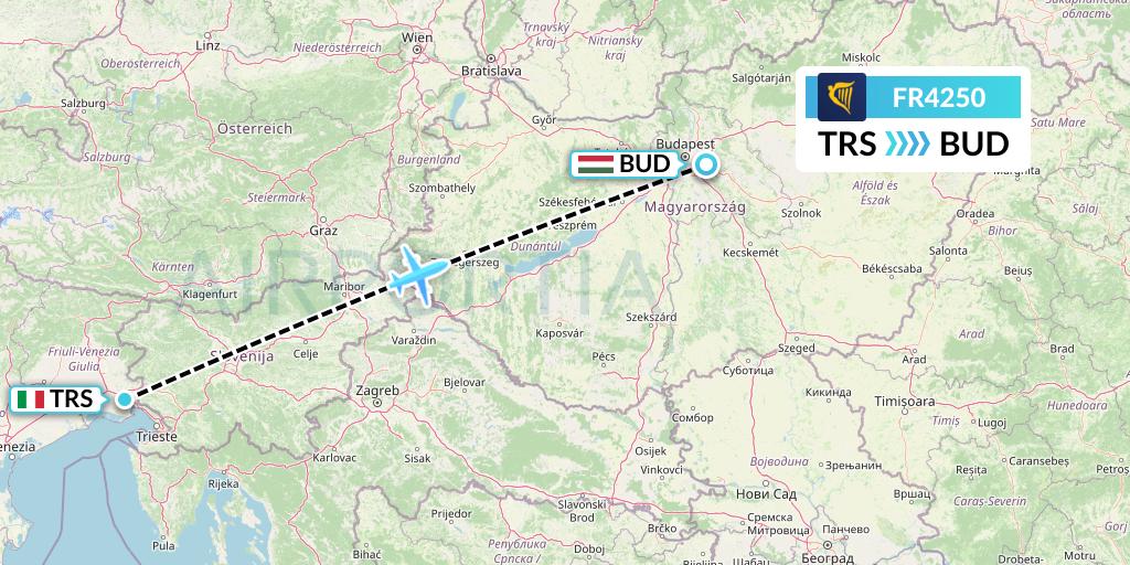 FR4250 Ryanair Flight Map: Trieste to Budapest