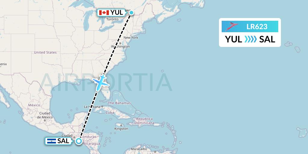 LR623 Lacsa Flight Map: Montreal to San Salvador
