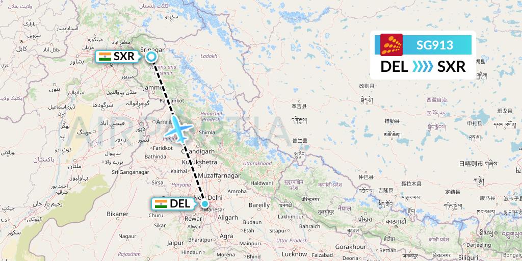 SG913 SpiceJet Flight Map: Delhi to Srinagar