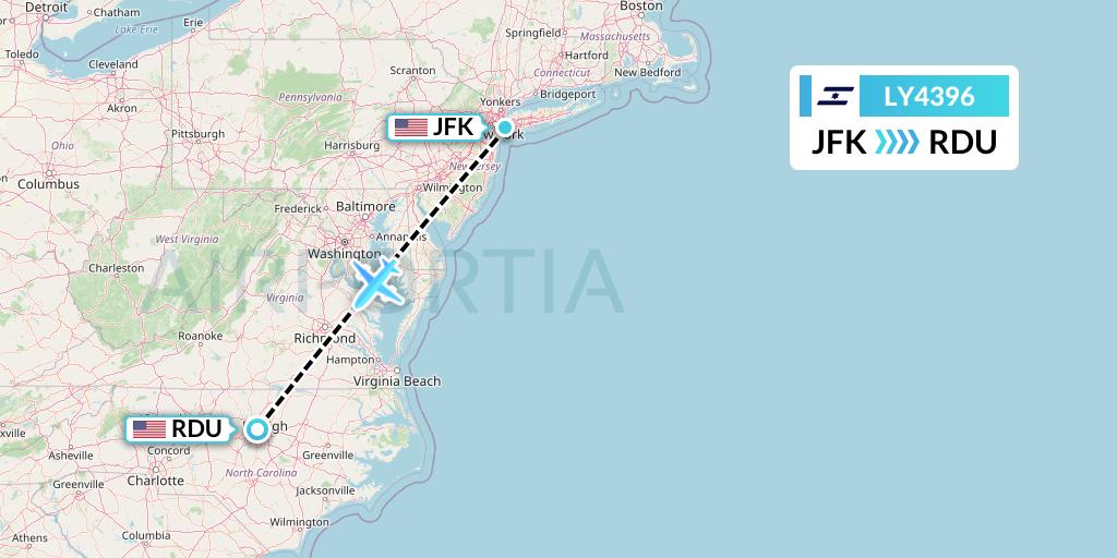 LY4396 El Al Flight Map: New York to Raleigh-Durham