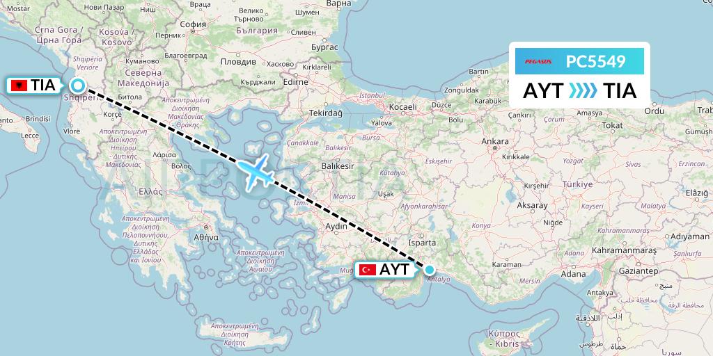 PC5549 Pegasus Airlines Flight Map: Antalya to Tirana